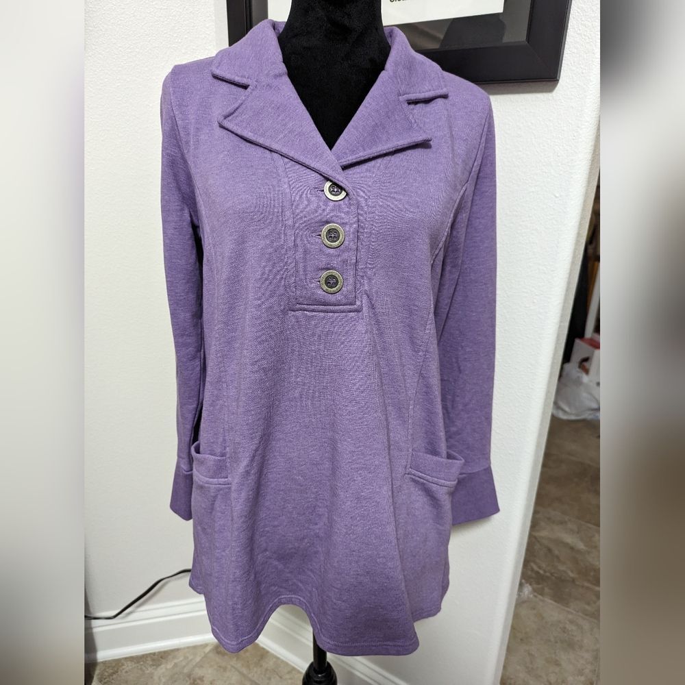 Soft Surroundings Heathered Purple Tunic Sweatshirt 3 Button Size Small